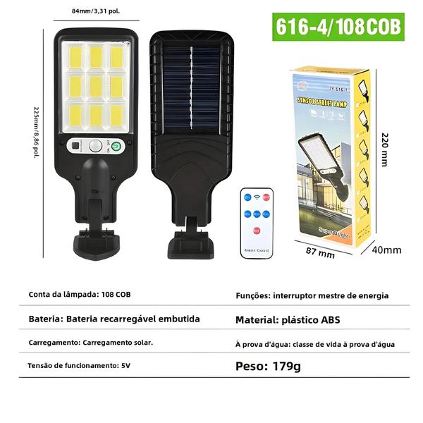 Imagem de Lâmpada Solar Exterior à Prova D'Água com Sensor - 108 LEDs, 3 Modos de Luz e Controle Remoto