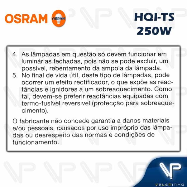 Imagem de Lâmpada vapor metalico duplo contato osram 250w 4200k(branco neutro)fc2 hqi-ts ndl kit12