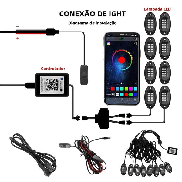 Imagem de Lâmpadas Ambientais RGB LED para Carro - 12V, Bluetooth, Controle Inteligente