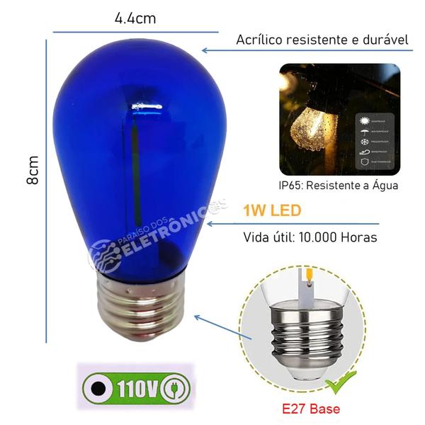 Imagem de Lâmpadas Iluminação Led Retrô Coloridas De Filamento Decoração 1w S14 110v  61460