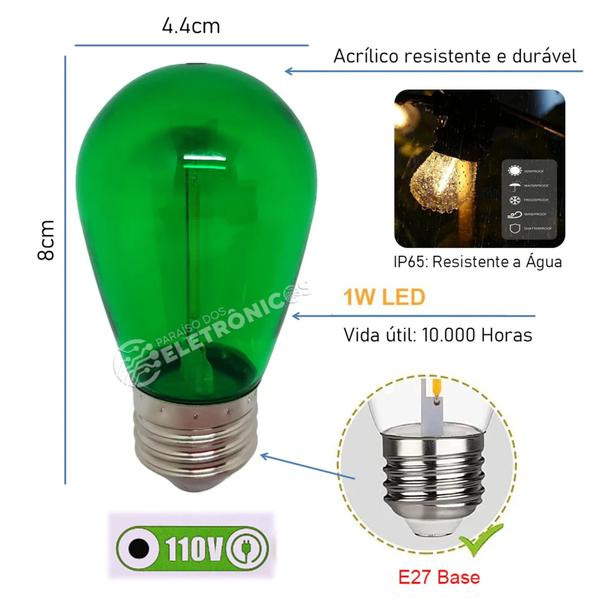 Imagem de Lâmpadas Iluminação Led Retrô Coloridas De Filamento Decoração 1w S14 110v  61460