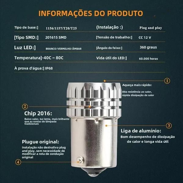 Imagem de Lâmpadas LED 1156 BA15S/BAU15S/P21W/1157 BAY15D - 2 Peças - Sinal, Freio e Ré