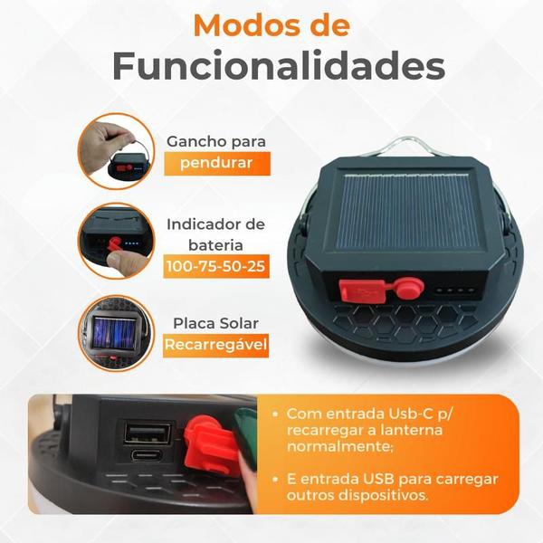 Imagem de Lampião Led Solar Acampamento e Pesca Recarregável Camping