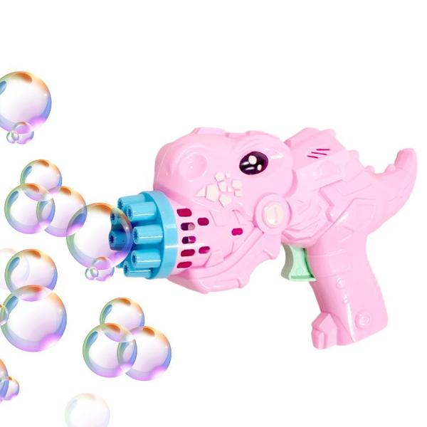 Imagem de Lança Bolhas de Sabão Rosa Dinossauro para Meninas Automático + 1 Litro de Refil