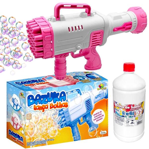 Lançador Bolhas de Sabão Automático Infantil Rosa + Refil 1L - Art Brink Imagem de Lançador Bolhas de Sabão Automático Infantil Rosa + Refil 1L