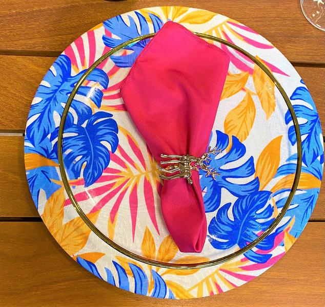 Imagem de LANÇAMENTO Kit 8 Peças Capa Sousplat Folhas Rosa e Azul Pink 35cm Mesa Posta Jantar Oferta 2022