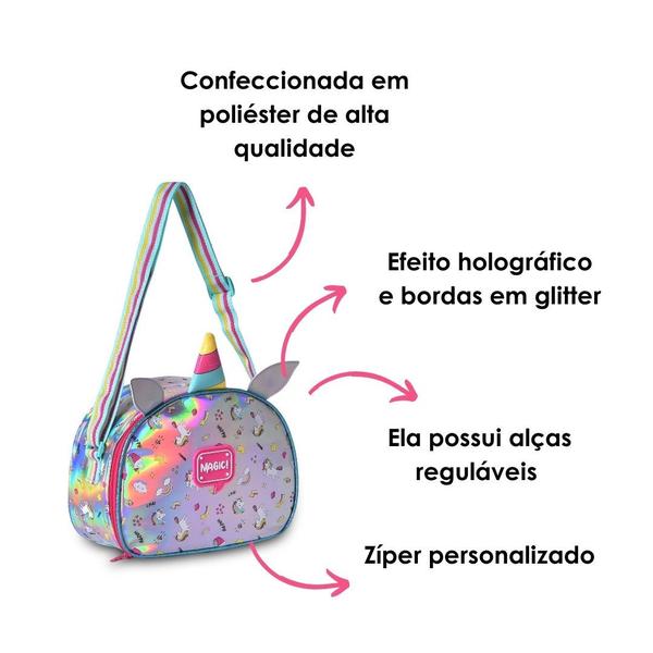 Imagem de Lancheira Bolsa Térmica Unicórnio Holográfica Escolar/Passeio Juvenil/Infantil - Clio