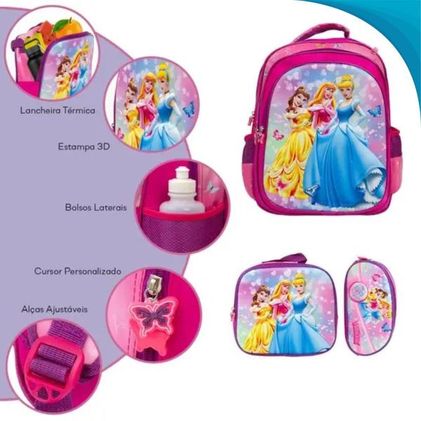 Imagem de Lancheira Mochila E Estojo Rosa Brilhante Com Tema De Princesa Charmosa Perfeito Para Escola E Passeio Barato