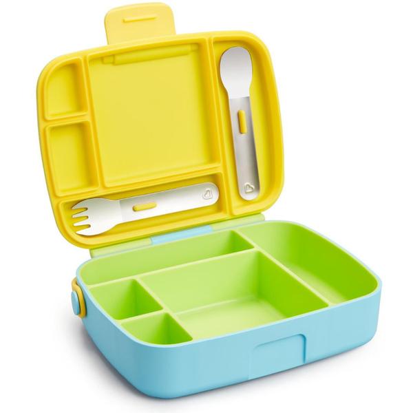 Imagem de Lancheira Munchkin Bento Box Infantil Com Talheres E Divisórias Verde/Azul/Amarelo