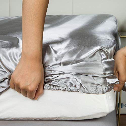 Imagem de Lanest Carcaça Folhas de Cetim de Seda, 4 Peças King Size Esta folha de cama de cetim conjunto com bolsos profundos, resfriamento macio e hipoalergênico folhas de cetim rei - cinza claro