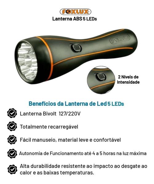 Imagem de Lanterna 5 Led Foxlux Preta Recarregável Bivolt Luz Branca