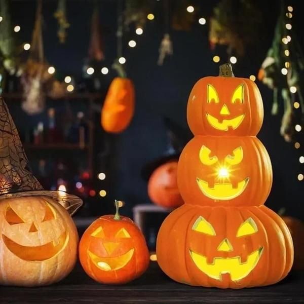 Imagem de Lanterna de Abóbora LED para Halloween - Jack-o'-lantern com Design de Fantasma para Festas