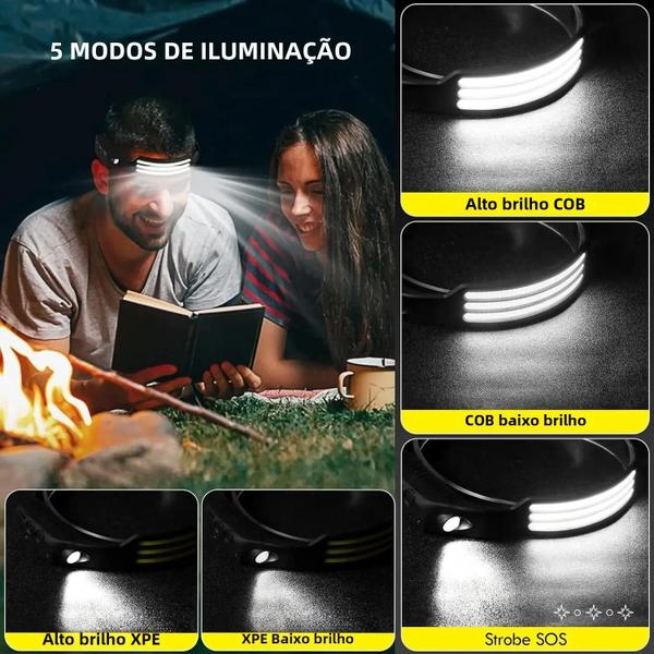 Imagem de Lanterna de Cabeça Recarregável COB LED 1200mAh - Ideal para Acampamento e Atividades ao Ar Livre