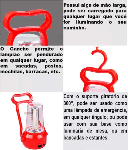 Imagem de Lanterna Lampião Led Luminária de Mesa Retrô Recarregável Lampada de Emergencia Bivolt Luz Camping Fazenda Sitio Pesca