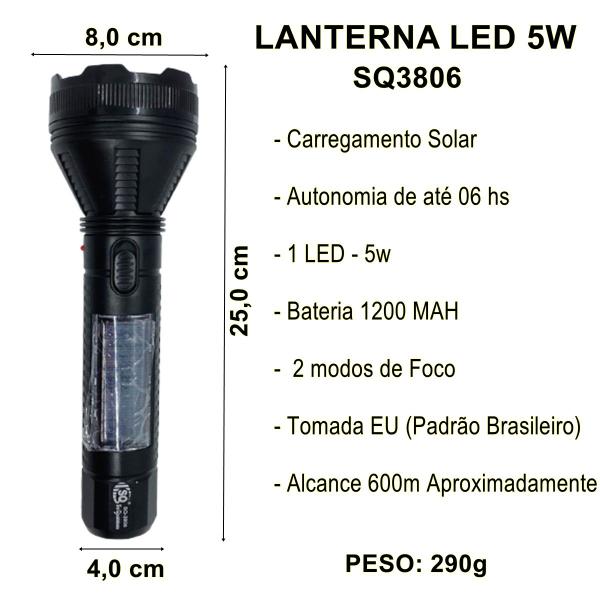 Imagem de Lanterna LED 5W Recarregável à Tomada Elétrica e Luz Solar