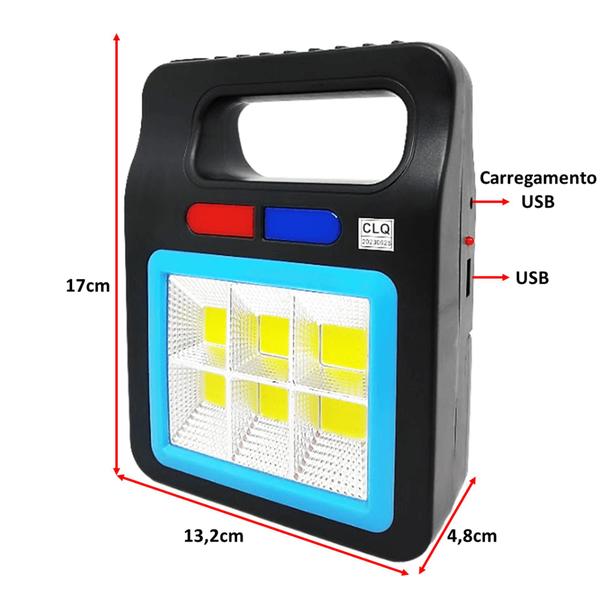 Imagem de Lanterna LED Branco Azul E Vermelho Recarregável Via Cabo e Solar Ideal Pesca Caça YX605COB6AZ