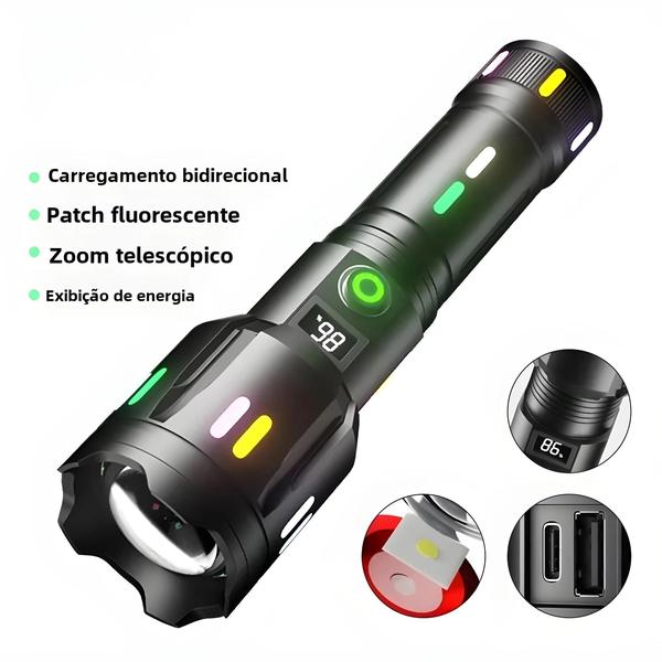 Imagem de Lanterna LED de Alta Potência com Zoom - Longo Alcance e Luz Colorida para Camping e Emergências