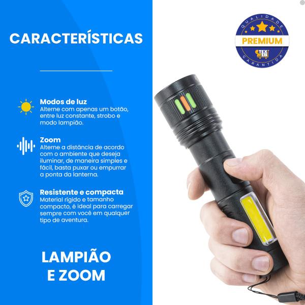 Imagem de Lanterna Led Pequena Recarregável Tática Zoom Lampião Forte