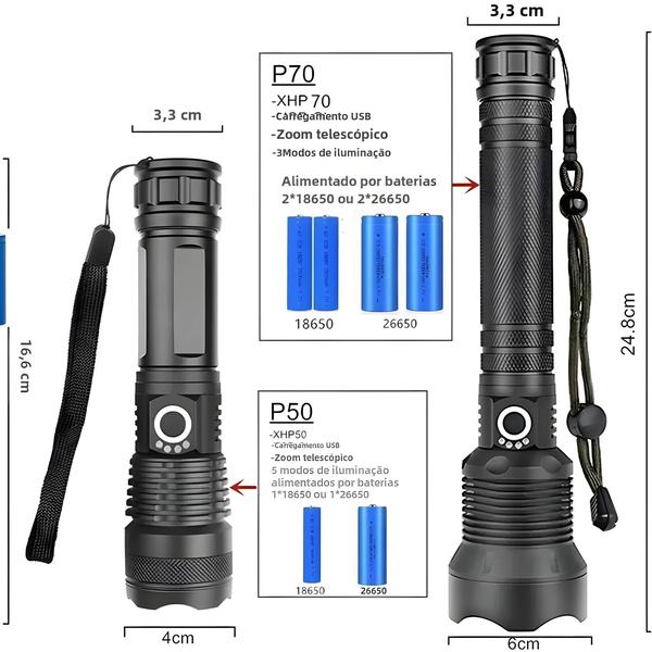 Imagem de Lanterna LED Recarregável 90000 Lumens - À Prova D'Água com Zoom e 3 Modos - Camping e Hiking