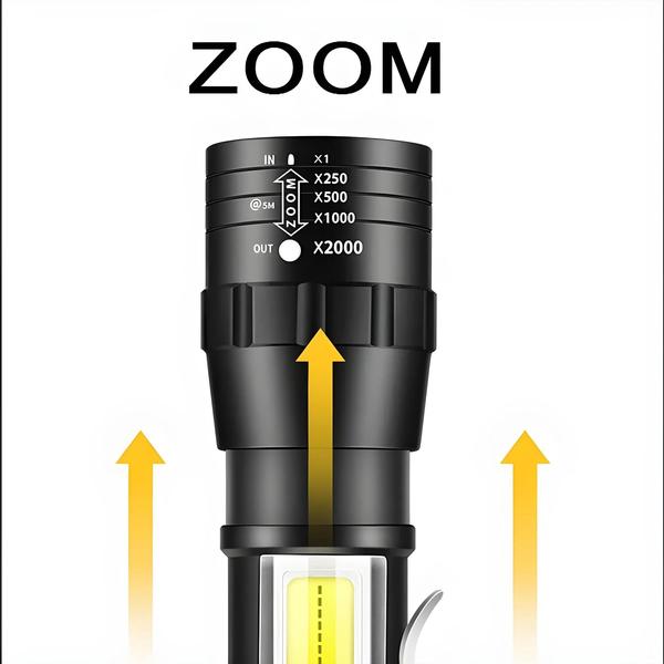 Imagem de Lanterna LED Recarregável T6 COB Portátil - Zoom 3 Modos - À Prova D'Água