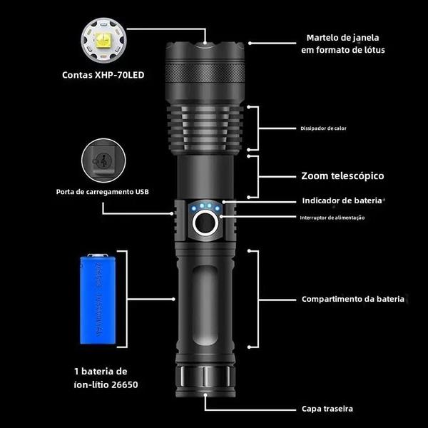 Imagem de Lanterna LED Recarregável XHP70 com 5 Modos e Zoom - Ideal para Acampamento