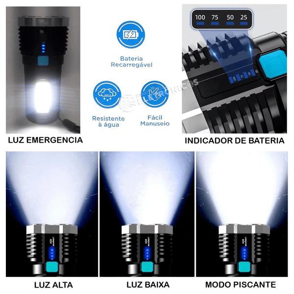 Imagem de Lanterna Multifuncional 4 Leds Recarregável Função Strobo 800 lumens LT8932