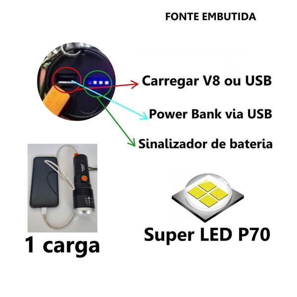 Imagem de Lanterna P70 Mais Forte Do Mundo Ultra Potente c Power Bank - Bmax