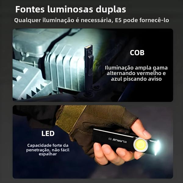 Imagem de Lanterna Recarregável Klarus E5 COB - Luz Dupla Magnética, 8 Modos, USB-C, EDC, Emergência e Estroboscópica