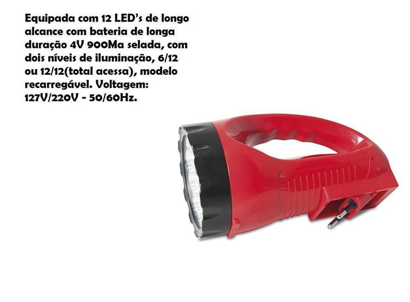 Imagem de Lanterna Recarregável Led Bivolt Longo Alcance 12 Leds 900Ma