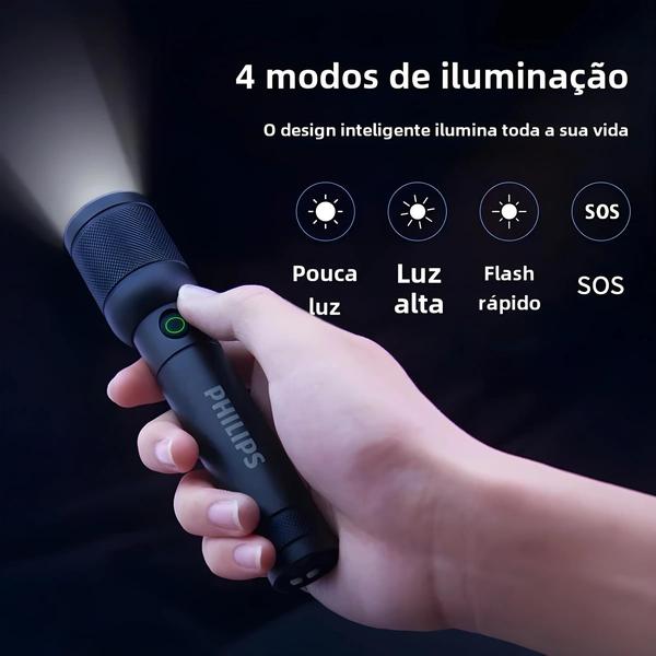 Imagem de Lanterna Recarregável Philips SFL6168 com Zoom - USB, Bateria 18650, Portátil para Camping