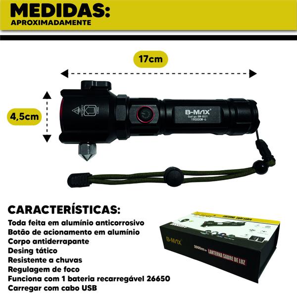 Imagem de Lanterna Sabre de Luz Tática Militar Camping Quebra Vidro Potente Recarregável