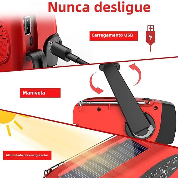 Imagem de Lanterna Solar Multifuncional com Rádio AM/FM - Manivela, LED e 2000mAh