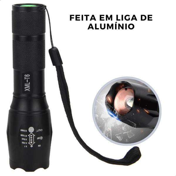 Imagem de Lanterna Tática Led Preta Recarregável Militar T6 Forte Luz