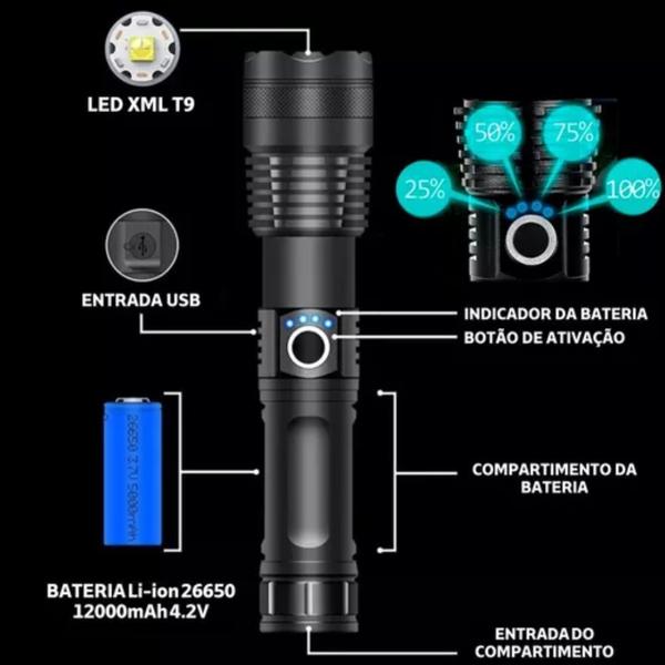 Imagem de Lanterna Tática Mais Forte Do Mundo T9 Potente Led Cree Usb