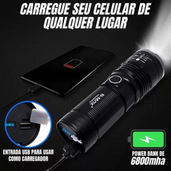 Imagem de Lanterna Tática Militar Luz Mais Forte Do Mundo Led 2000 Lumens Bateria Função Powerbank Interna 6H Recarregável 8000 MaH Preto Alumino