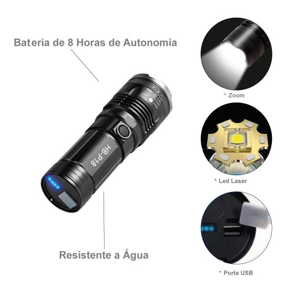 Imagem de Lanterna Tática Militar Luz Mais Forte Do Mundo Led 2000 Lumens Bateria Função Powerbank Interna 6H Recarregável 8000 MaH Preto Alumino