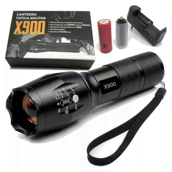 Imagem de Lanterna Tática Militar Super Potente Led Recarregável USB com Zoom Longo Alcance Trilhas Sitio Fazenda Vigilante