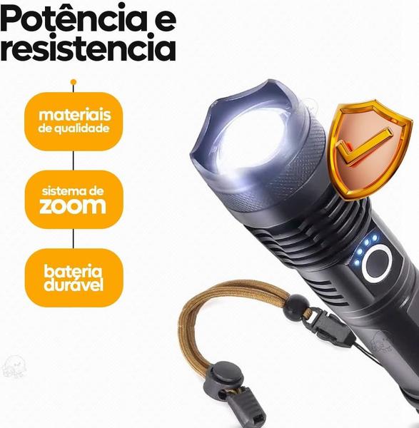 Imagem de Lanterna Tática P50 Militar Super Potente Led Recarregável USB com Zoom Longo Alcance para Trilhas Sitio Fazenda Vigilante