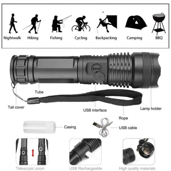 Imagem de Lanterna Tática Recarregável Led Holofote Lanterna Militar T9 Potente Fazenda Sítio