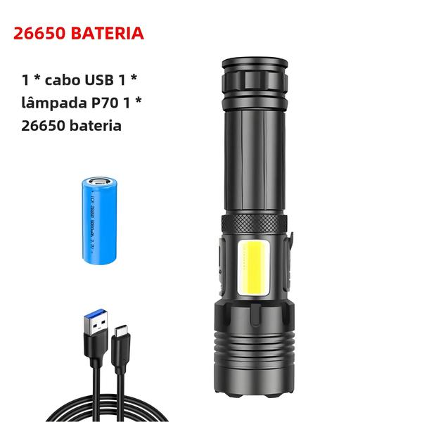 Imagem de Lanterna Tática Recarregável LED XHP120/XHP90 - Alta Potência - USB - Ideal para Acampamento