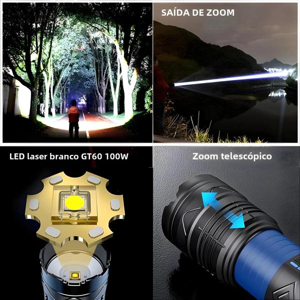 Imagem de Lanterna Tática Recarregável USB - Super Brilhante 20000lm - 100W - Longo Alcance