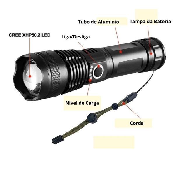 Imagem de Lanterna Tática T9 Recarregável 5 modos de luz com Zoom ajustável