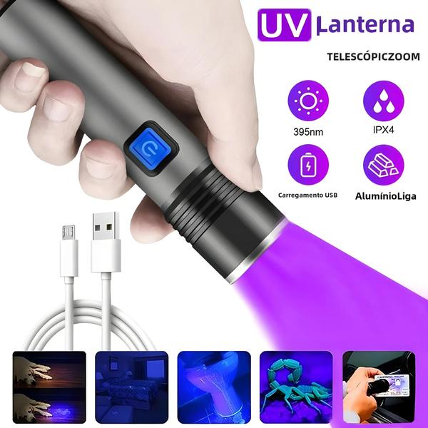 Lanterna UV Blacklight 395nm Recarregável via USB com Zoom - Para Cura de Resina e Detecção de Urina Imagem de Lanterna UV Blacklight 395nm Recarregável via USB com Zoom - Para Cura de Resina e Detecção de Urina