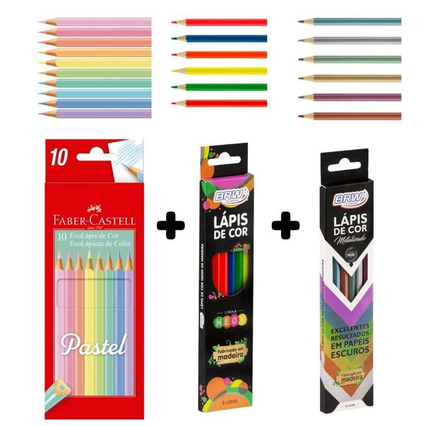 Imagem de Lápis De Cor Pastel Faber + Neon + Metálico + Apontador Kit