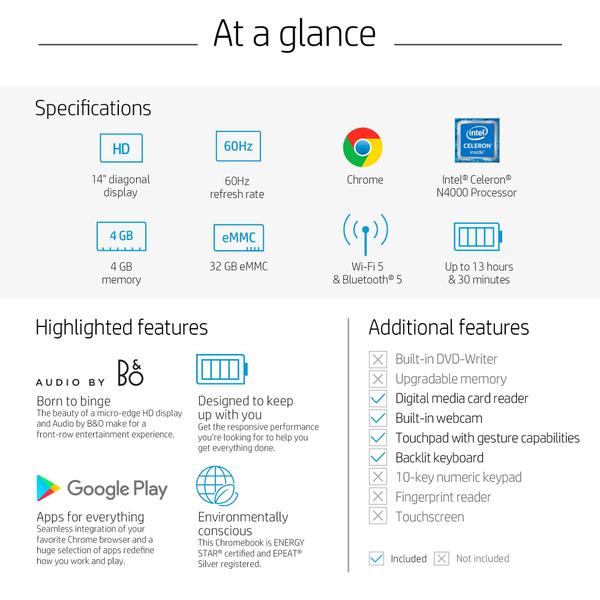 Imagem de Laptop HP Chromebook HD de 14 polegadas Intel Celeron N4000 4 GB de RAM