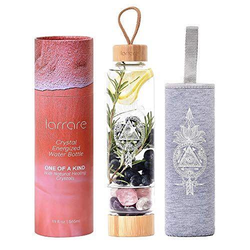 Imagem de Larrare Crystal Water Bottles 19oz Grande Elixir de cristal infundido garrafa de água com cristais mutáveis  Garrafa de água de gema com padrão sagrado e palavras (ametista, quartzo rosa, quartzo claro)