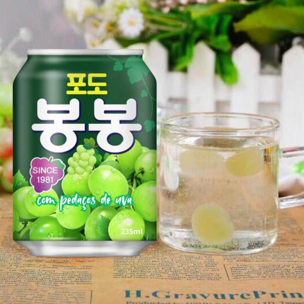 Imagem de Lata de Suco Bonbon Uva Verde com Pedaços Bebida Coreana