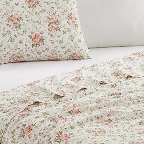 Imagem de Laura Ashley Home - Lençóis King, Conjunto de Roupa de Cama Percale de Algodão, Decoração Crisp & Cool Home (Marissa Coral, King)