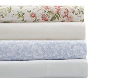 Imagem de Laura Ashley Home - Lençóis King, Conjunto de Roupa de Cama Percale de Algodão, Decoração Crisp & Cool Home (Marissa Coral, King)