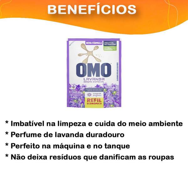 Imagem de Lava Roupas Líquido Omo Lavanda 14 Dias de Perfume Sachê Refil Econômico 900ml